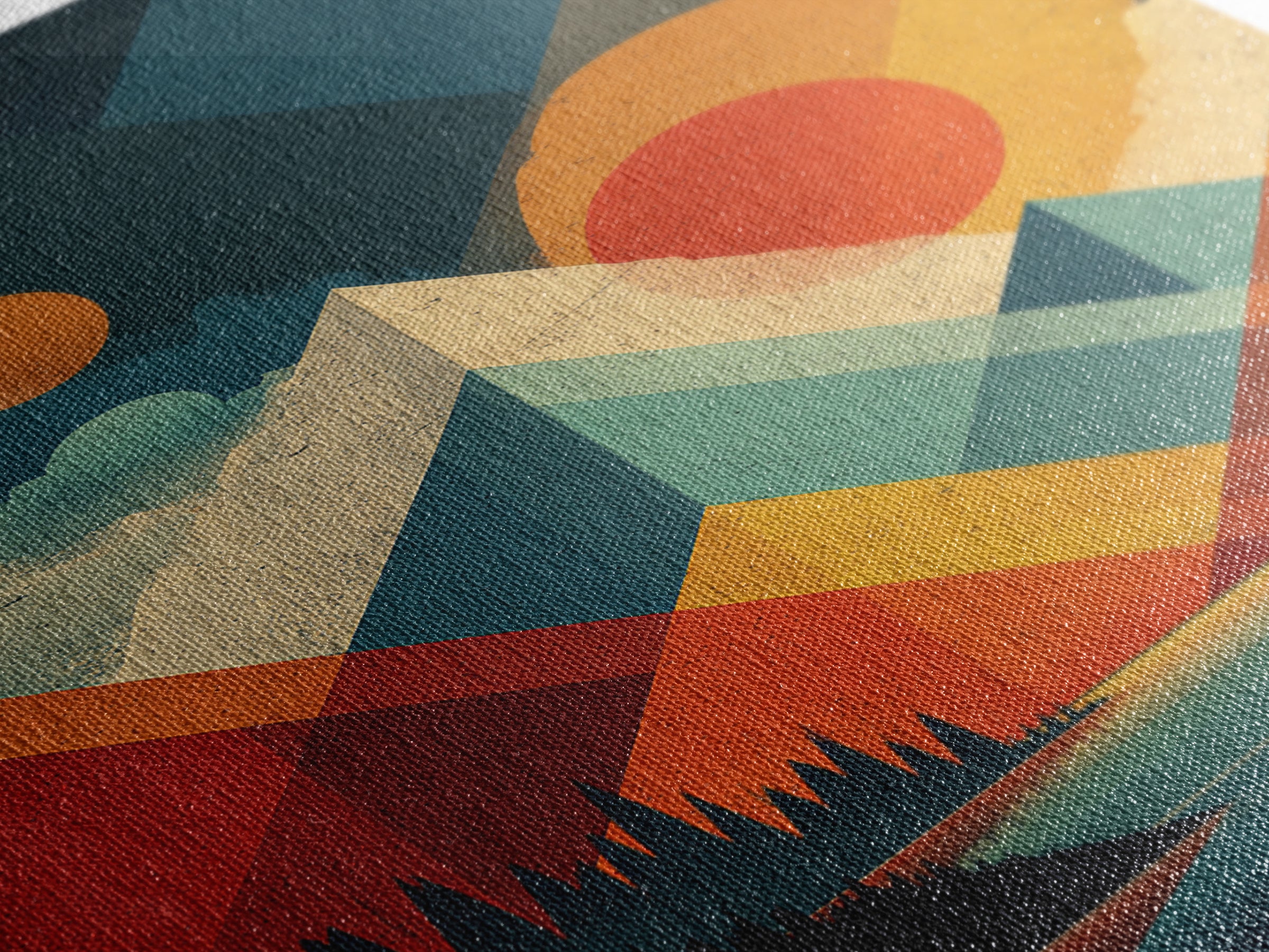 Geometric Mountain Lake Wall Art, Midcentury Modern Abstract Landscape Print, Orange Sun MCM Poster For Living Room Home Decor