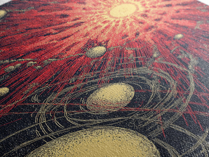 Red Cosmic Sunburst With Orbiting Planets Wall Art, Midcentury Modern Art, Retro Space Poster, Atomic Abstract Decor Prints