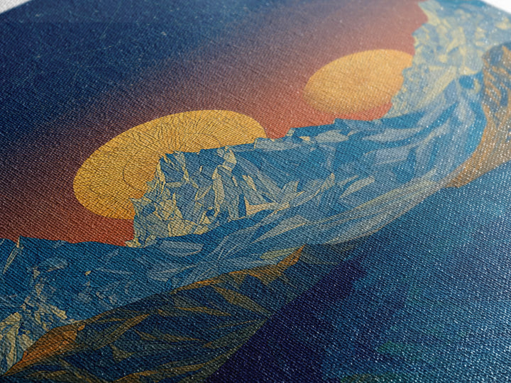 Starry Alpine Lake Framed Canvas Print, Blue Mountain Sunset Wall Art, Midcentury Modern Travel Poster For Cabin Home Decor