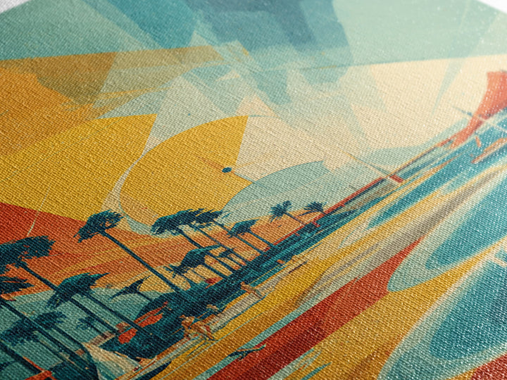 Tomorrow Coast Futuristic Beach Wall Art, Retro Travel Poster, Palm Springs Sailboat Canvas Print, Midcentury Modern Home Decor