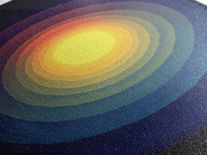 Radiant Yellow Concentric Sun Canvas Print, Midcentury Modern Art, Cosmic Abstract Wall Decor, Blue Retro Living Room Poster