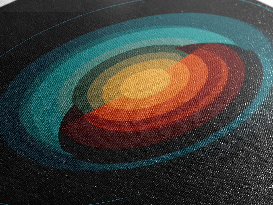 Teal Orange Eclipse Planet Framed Canvas Print, Midcentury Modern Wall Art, Space Abstract Poster, Retro MCM Home Decor Art