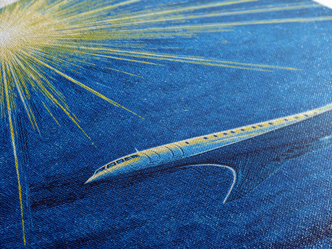 Blue Jet Under Radiant Starburst Framed Canvas Print, Retro Travel Poster, Midcentury Modern Wall Art, Aviation Office Decor
