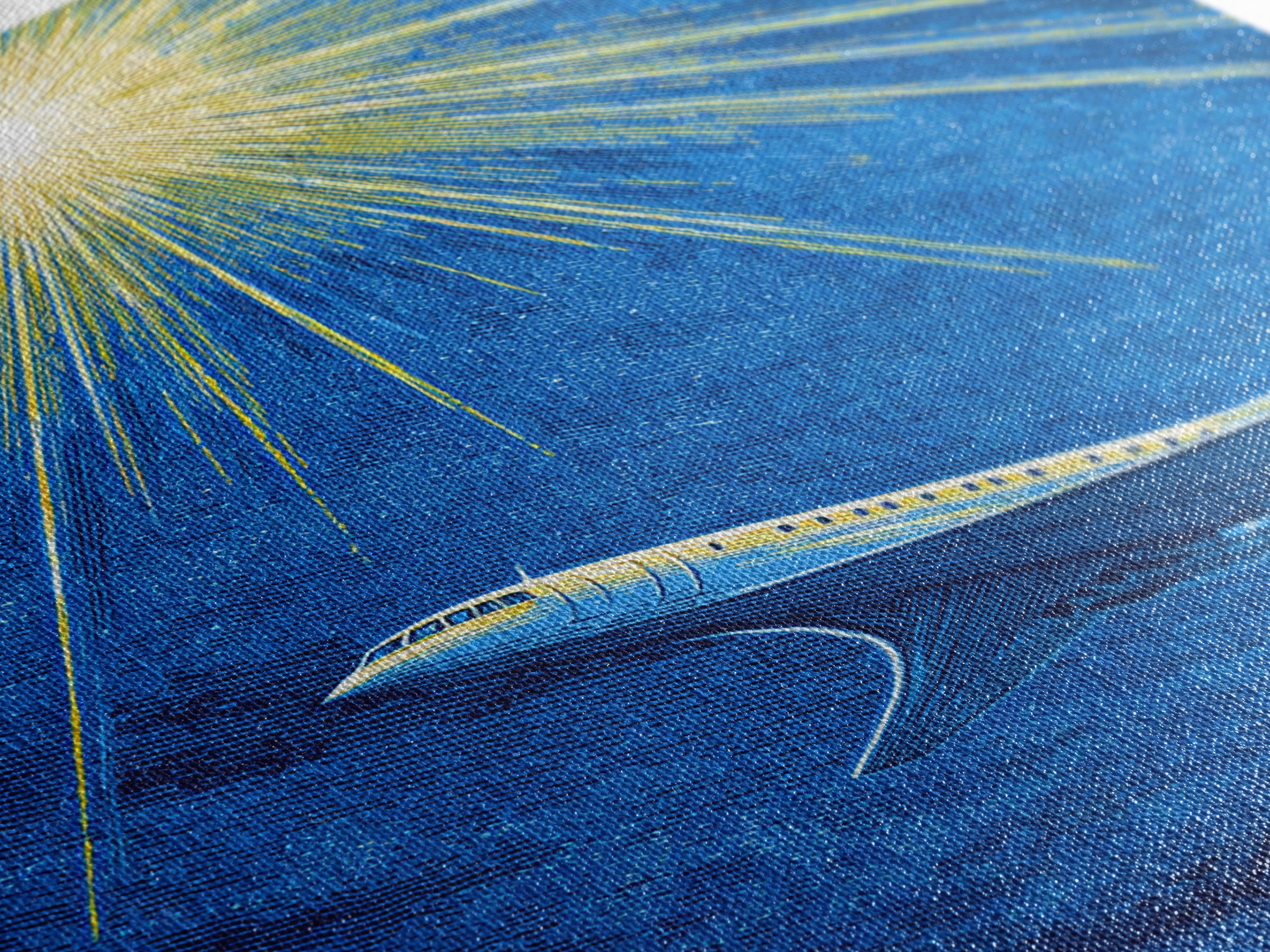 Blue Jet Under Radiant Starburst Framed Canvas Print, Retro Travel Poster, Midcentury Modern Wall Art, Aviation Office Decor