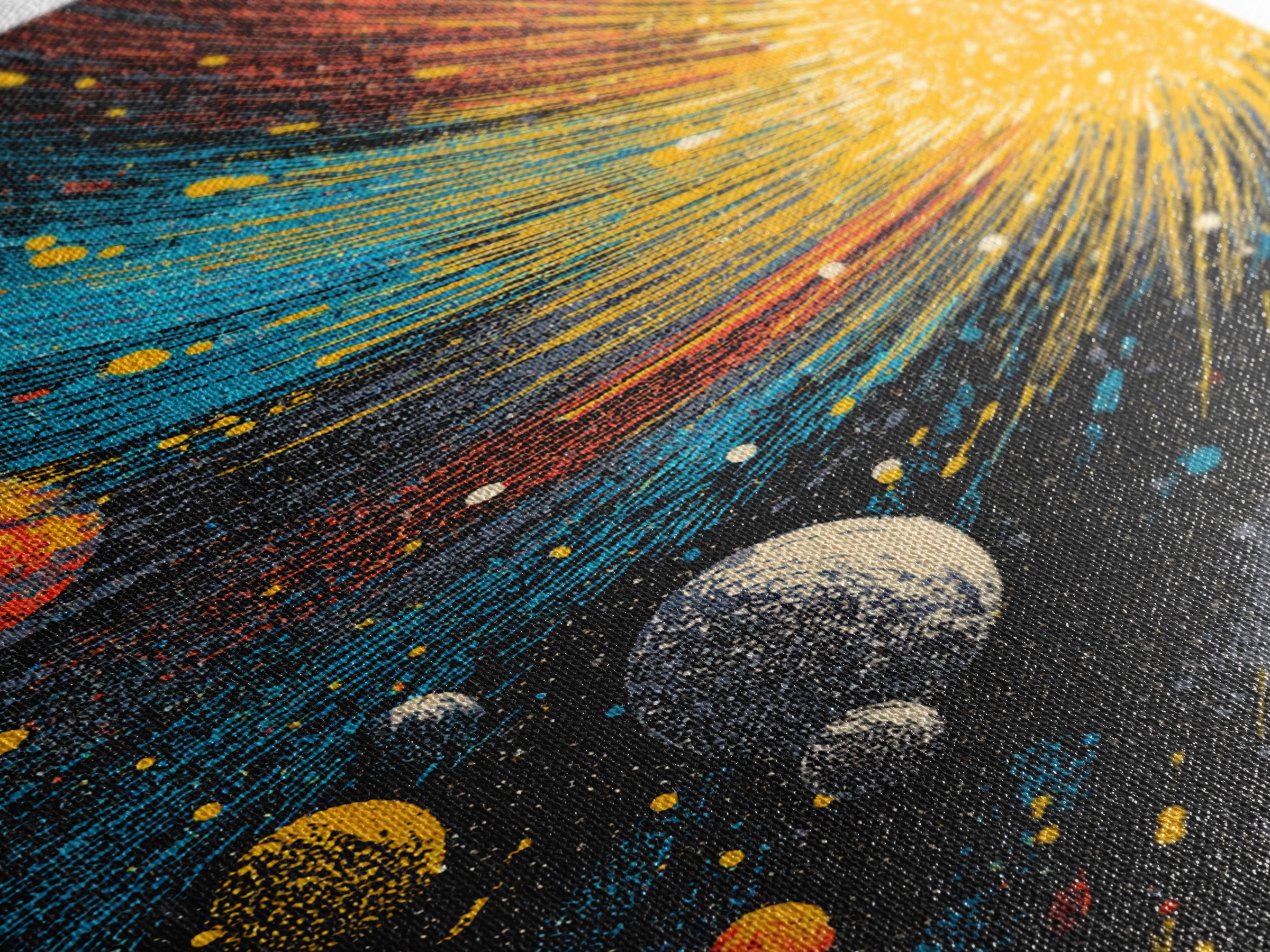 Exploding Solar System With Colorful Planets Framed Canvas Print, Midcentury Modern Wall Art, Retro Space Decor Poster Gift