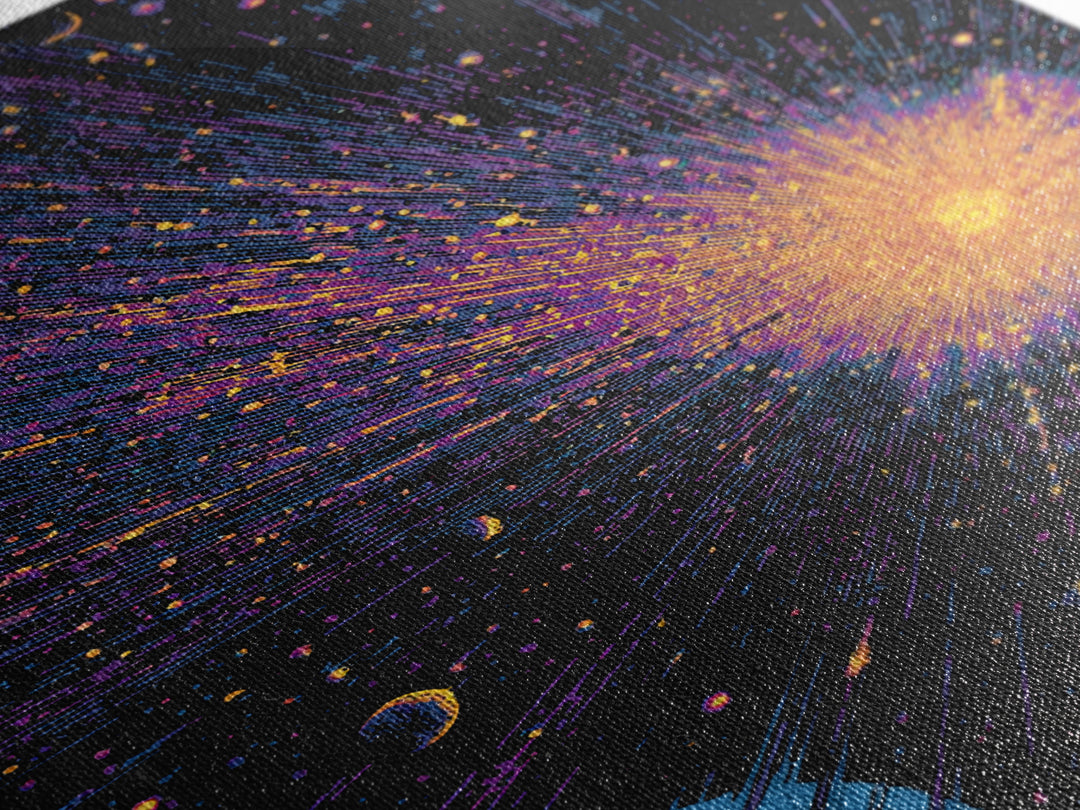 Brilliant Space Explosion With Orbiting Planets Canvas Print, Midcentury Modern Wall Art, Retro Sci Fi Poster For Office Decor