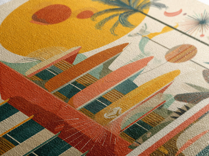 Atomic Hotel With Palms And Sun Canvas Print, Midcentury Modern Wall Art, Retro Palm Springs Poster, Tropical MCM Home Decor