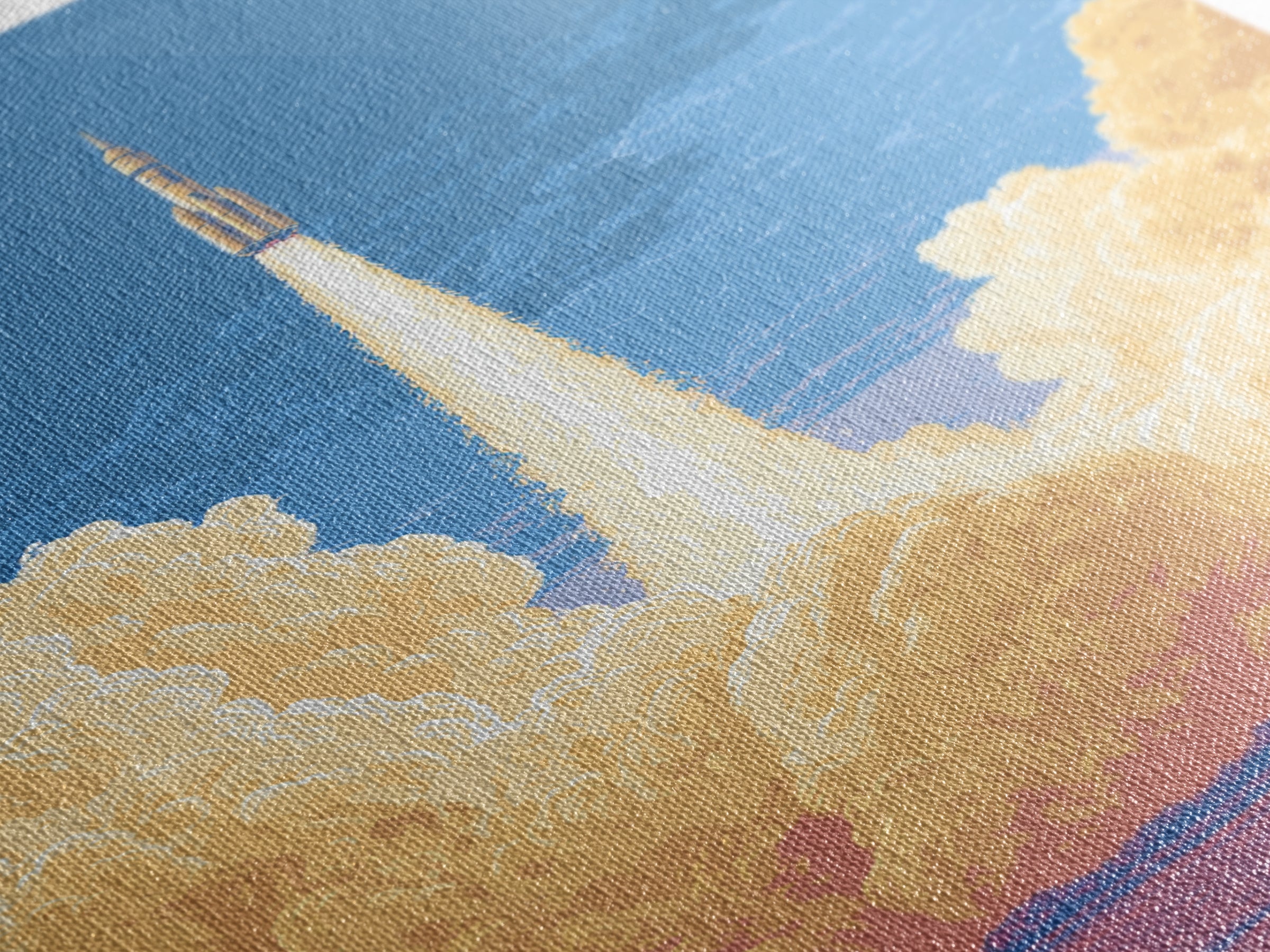 Rocket Launch Through Golden Clouds Wall Art, Retro Space Poster, Sci Fi Wall Decor, Modern Art Print For Office And Man Cave
