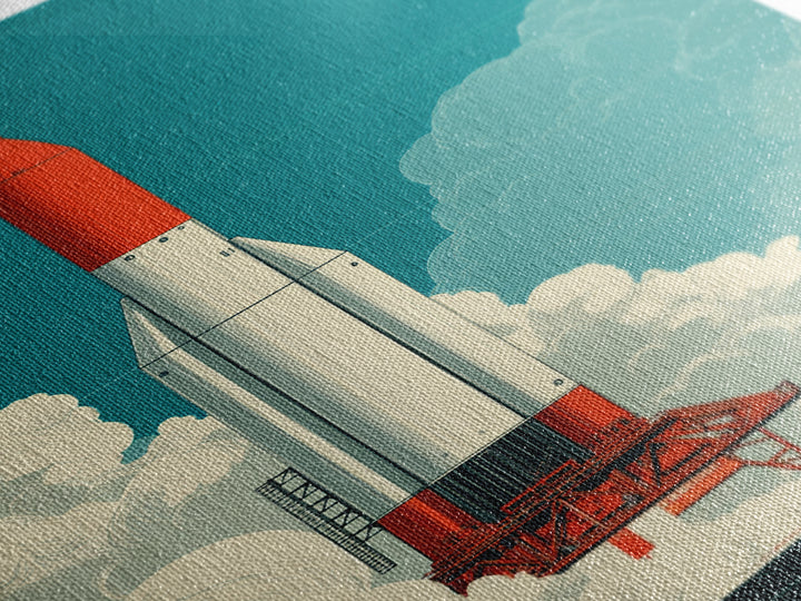 Red Rocket Lift Off In Teal Sky Canvas Print, Retro Space Wall Art, Midcentury Modern Sci Fi Poster, Boys Room Decor Gift