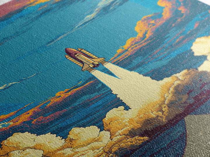 Space Shuttle Rising Over Ocean Road Framed Canvas Print, Retro Sci Fi Wall Art, Modern Space Poster, Dramatic Cloud Decor