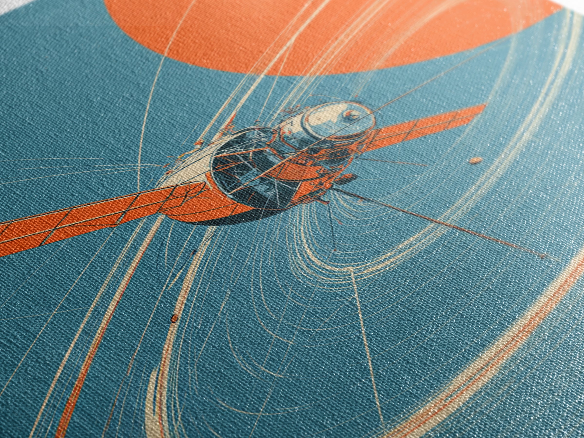 Retro Satellite With Orange Sun, Cosmic Orbit Wall Art, Mid Century Modern Space Poster, Sci Fi Decor, MCM Home Print Gift