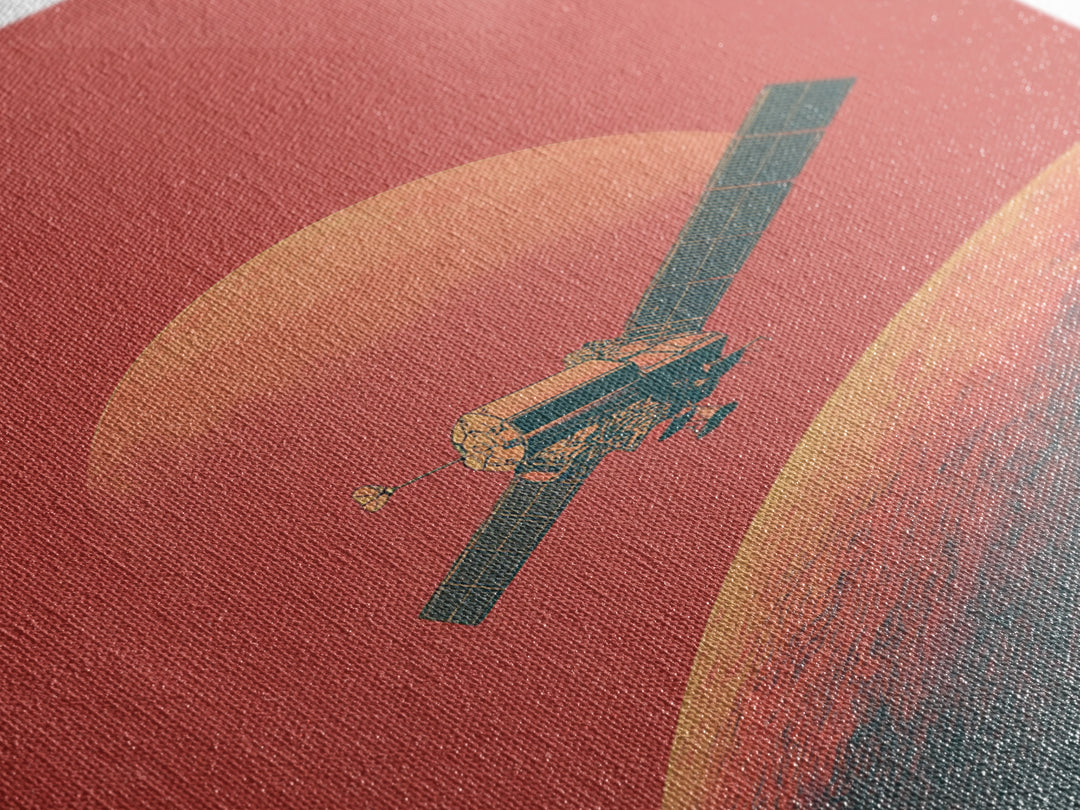 Coral Mars Satellite Over Desert Planet Canvas Print, Minimal Retro Space Poster, Mid Century Modern Home Office Decor Gift