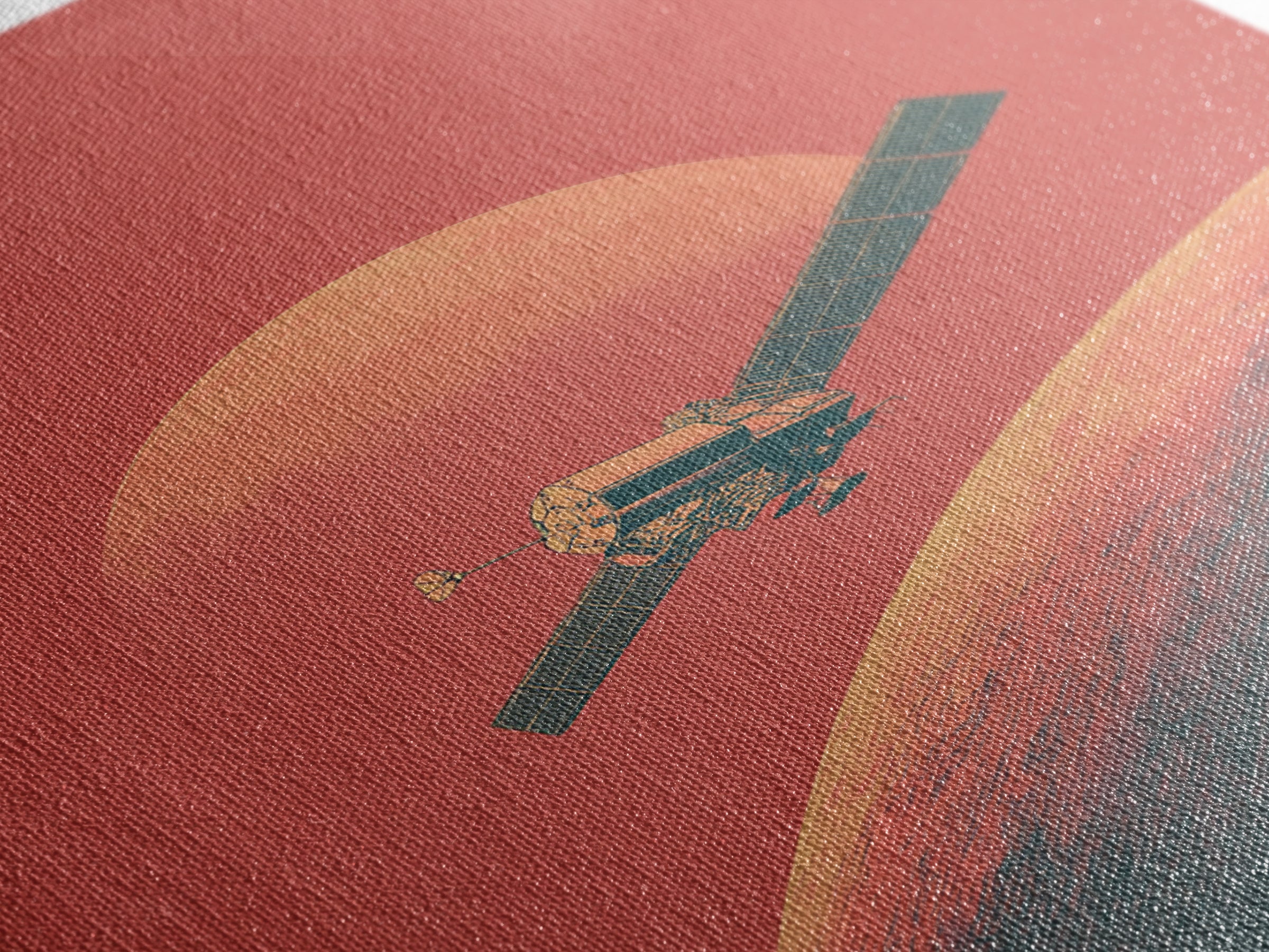 Coral Mars Satellite Over Desert Planet Canvas Print, Minimal Retro Space Poster, Mid Century Modern Home Office Decor Gift