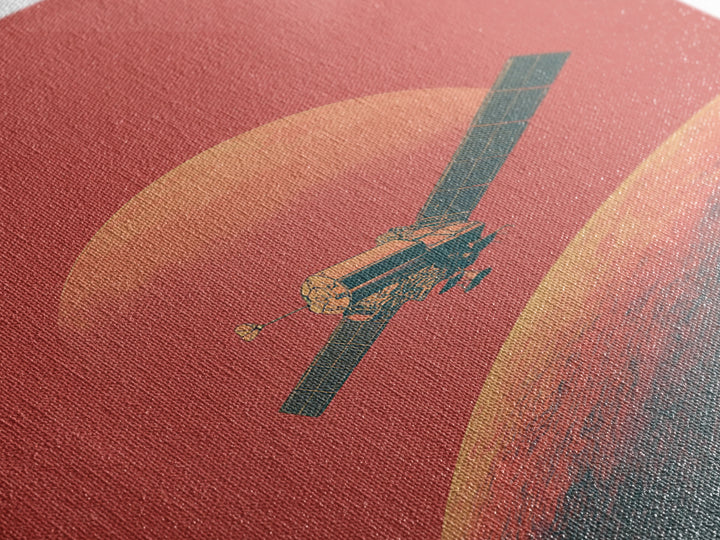 Coral Mars Satellite Over Desert Planet Canvas Print, Minimal Retro Space Poster, Mid Century Modern Home Office Decor Gift
