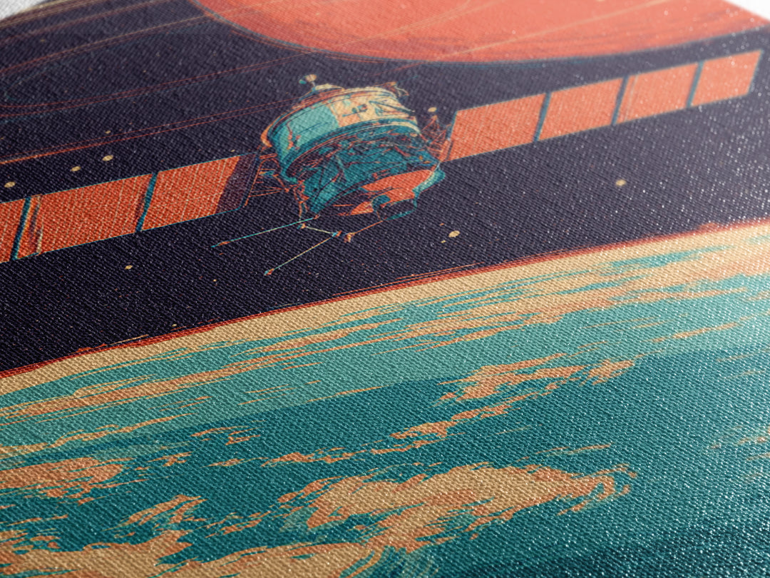 Satellite Orbiting Earth With Ringed Red Planet Framed Canvas Print, Retro Space Poster, Mid Century Modern Wall Decor Gift