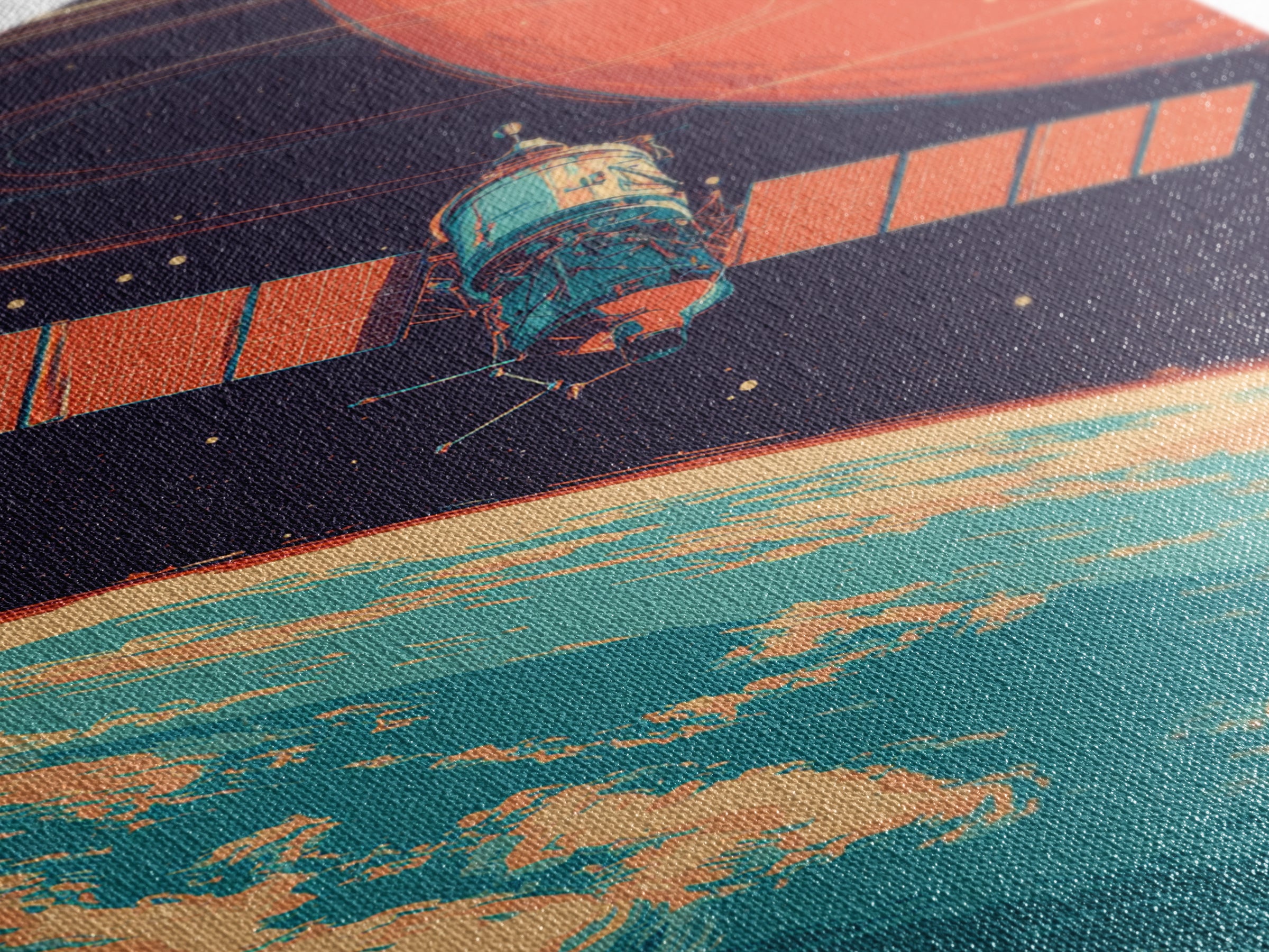 Satellite Orbiting Earth With Ringed Red Planet Framed Canvas Print, Retro Space Poster, Mid Century Modern Wall Decor Gift