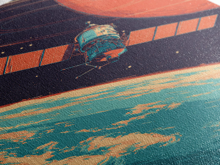 Satellite Orbiting Earth With Ringed Red Planet Framed Canvas Print, Retro Space Poster, Mid Century Modern Wall Decor Gift