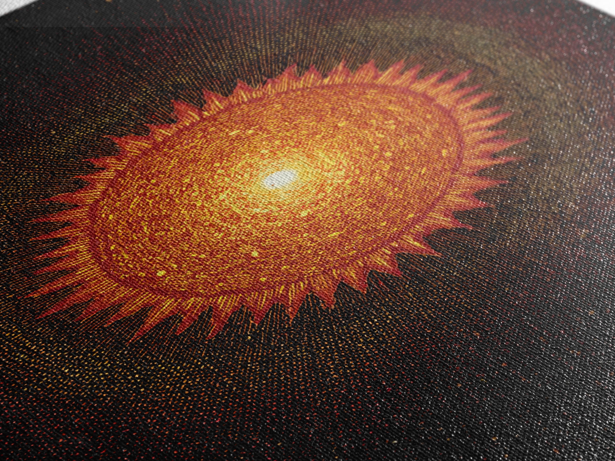 Fiery Abstract Sun Mandala On Black Wall Art, Cosmic Retro Poster, Mid Century Modern Decor, Orange Celestial Print Gift