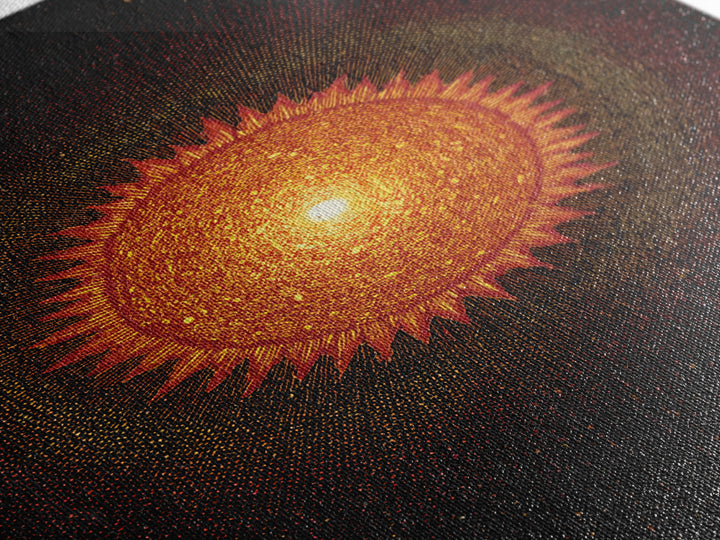 Fiery Abstract Sun Mandala On Black Wall Art, Cosmic Retro Poster, Mid Century Modern Decor, Orange Celestial Print Gift