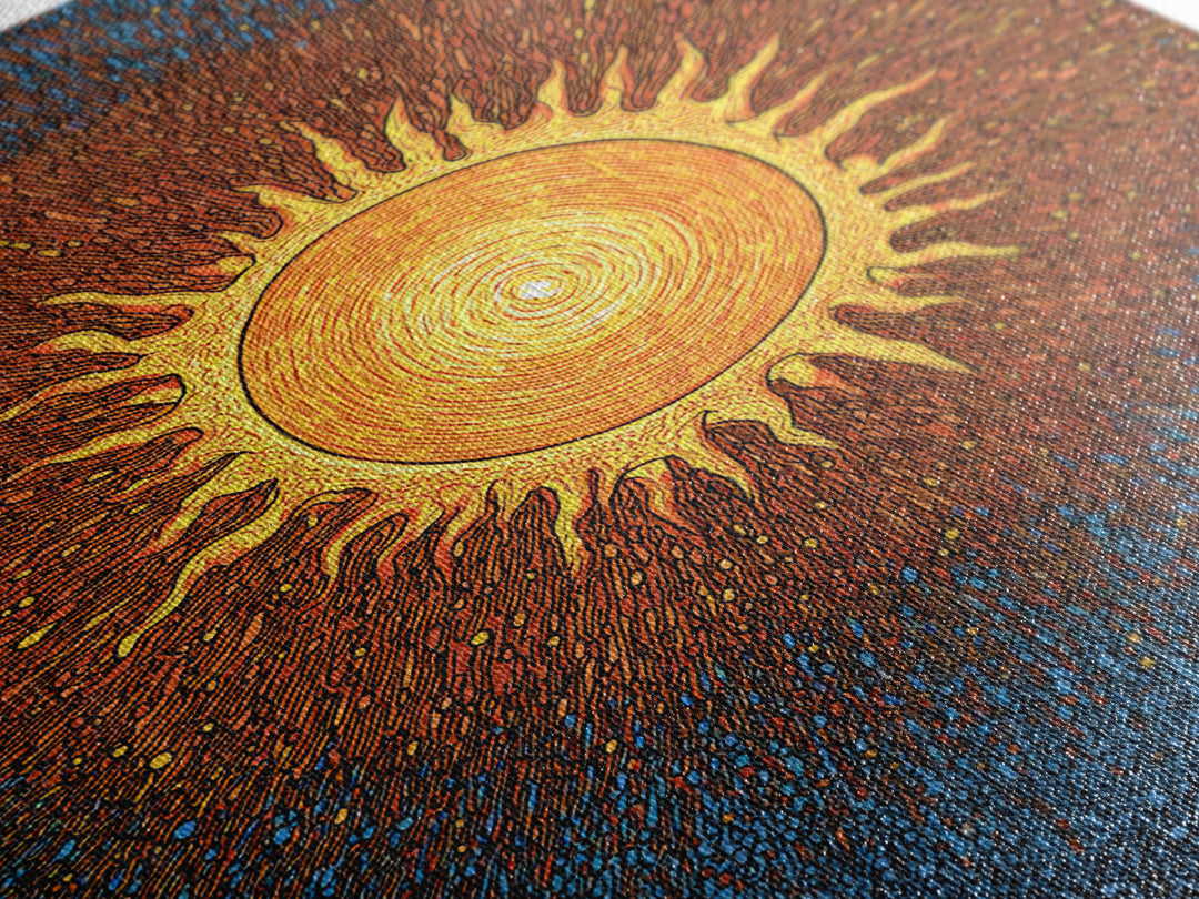 Radiant Orange Sunburst With Blue Texture Canvas Print, Cosmic Wall Art, Mid Century Modern Poster, Groovy Retro Decor Gift
