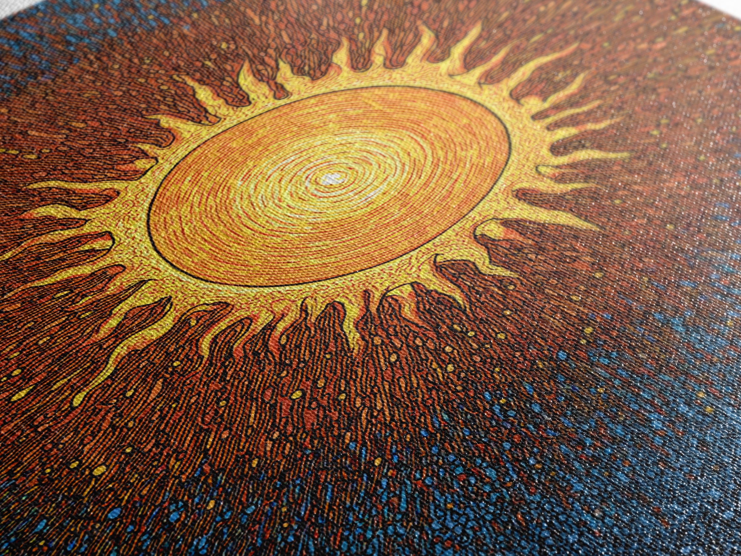 Radiant Orange Sunburst With Blue Texture Canvas Print, Cosmic Wall Art, Mid Century Modern Poster, Groovy Retro Decor Gift