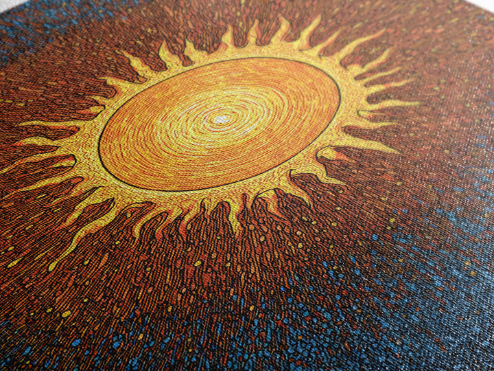 Radiant Orange Sunburst With Blue Texture Canvas Print, Cosmic Wall Art, Mid Century Modern Poster, Groovy Retro Decor Gift