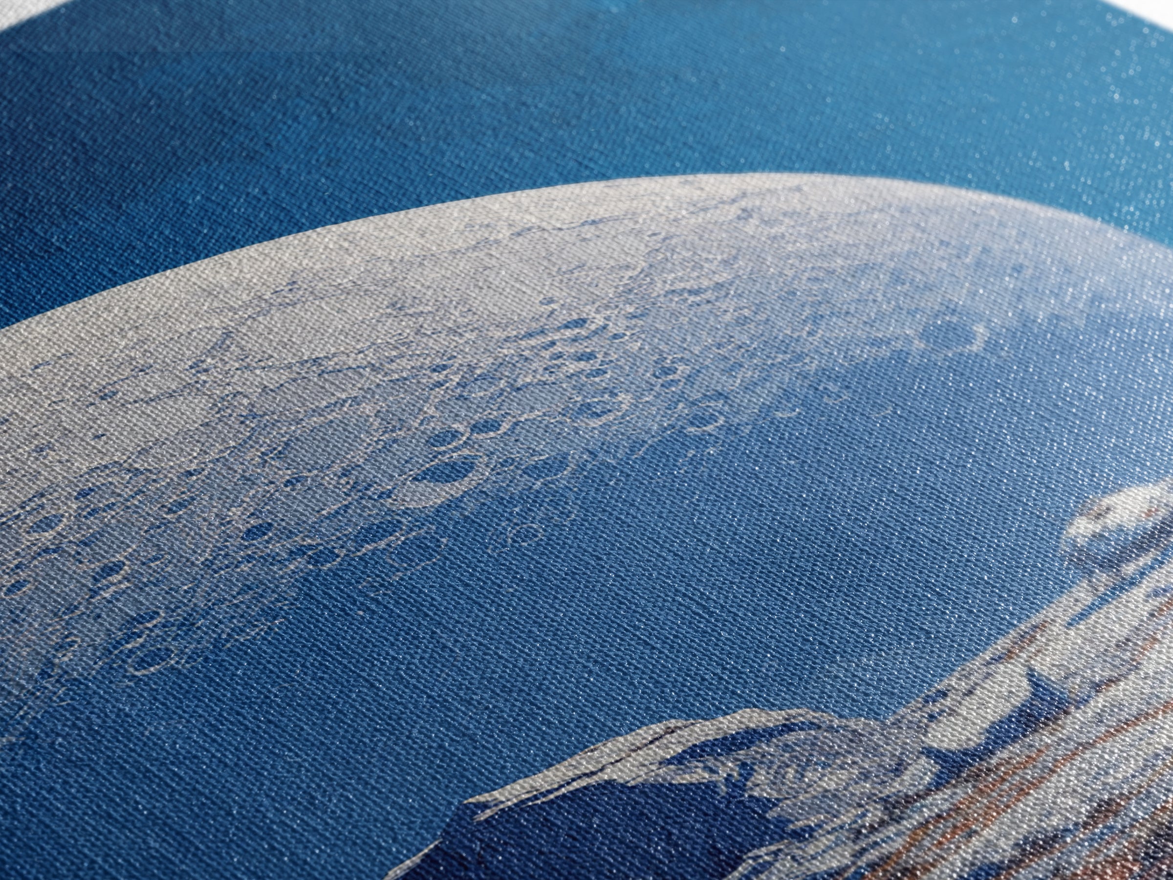Blue Lunar Base With Astronaut Wall Art, Giant Moon Sci Fi Poster, Modern Space Landscape, Retro Futuristic Room Decor Print