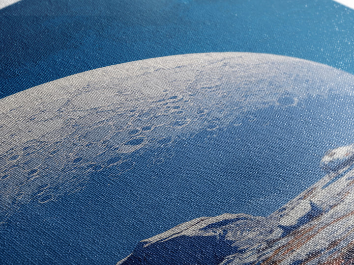 Blue Lunar Base With Astronaut Wall Art, Giant Moon Sci Fi Poster, Modern Space Landscape, Retro Futuristic Room Decor Print