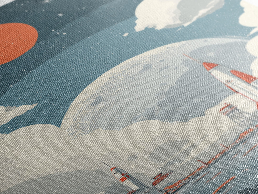 Retro Rocket Spaceport In Clouds Canvas Print, Moon Colony Wall Art Poster, Midcentury Modern Sci Fi Nursery Room Decor Print