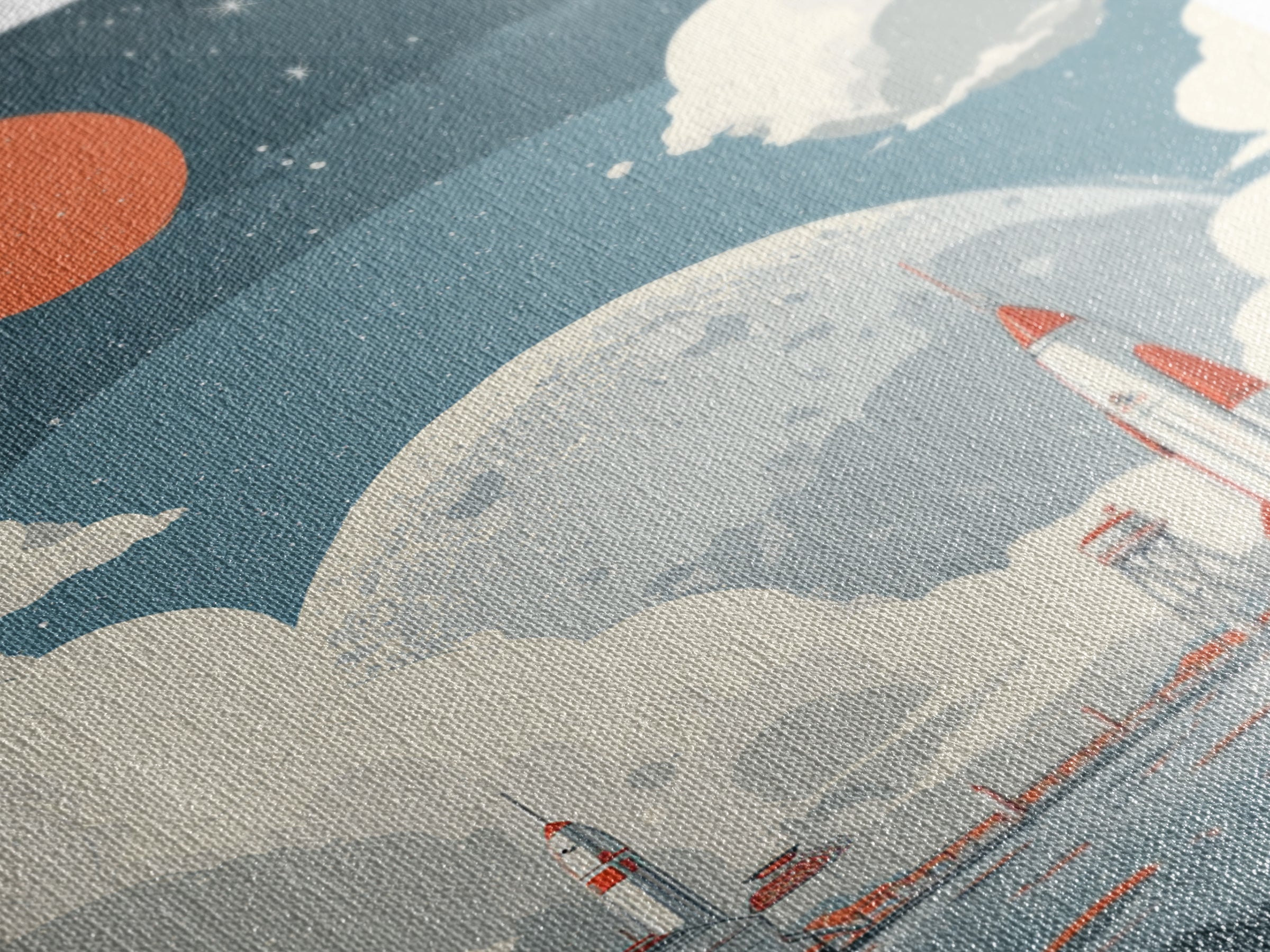 Retro Rocket Spaceport In Clouds Canvas Print, Moon Colony Wall Art Poster, Midcentury Modern Sci Fi Nursery Room Decor Print