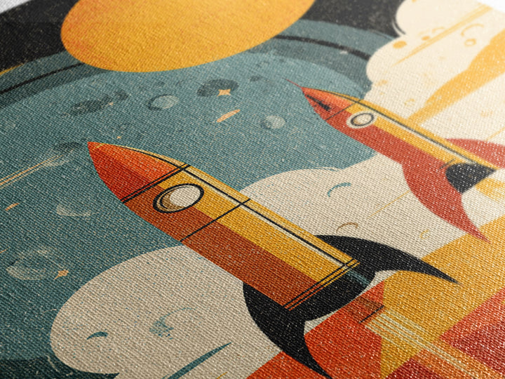 Orange Atomic Rockets And Sun Wall Art, Retro Space Age Poster, Midcentury Modern Sci Fi Decor, Bold MCM Canvas Print Gift