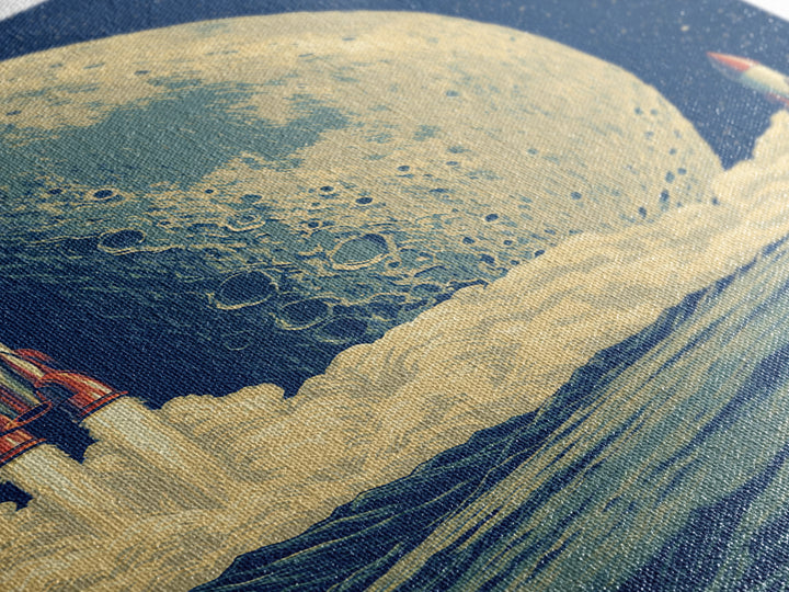Rockets Launch From Lunar Waves Canvas Print, Giant Moon Sci Fi Poster, Retro Futuristic Wall Art, Space Age Room Decor Print