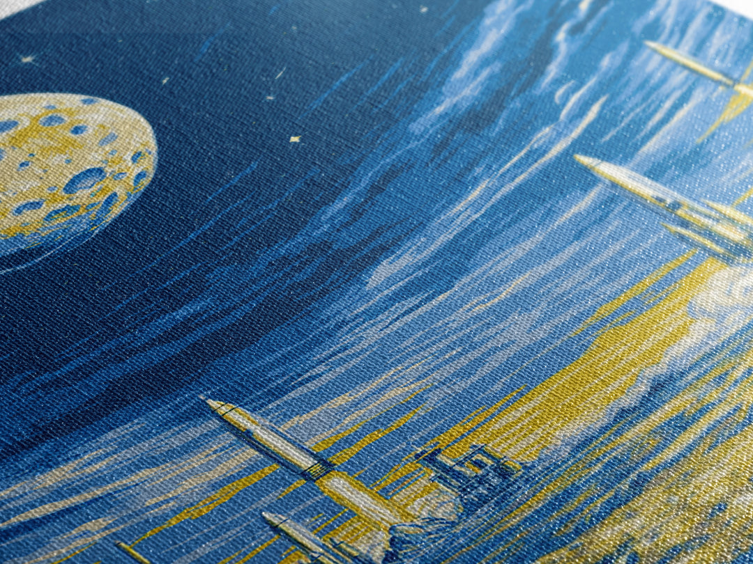 Blue Moon Rocket Colony Wall Art, Yellow Lunar Landscape Poster, Retro Sci Fi Space Decor, Midcentury Modern Room Print Gift