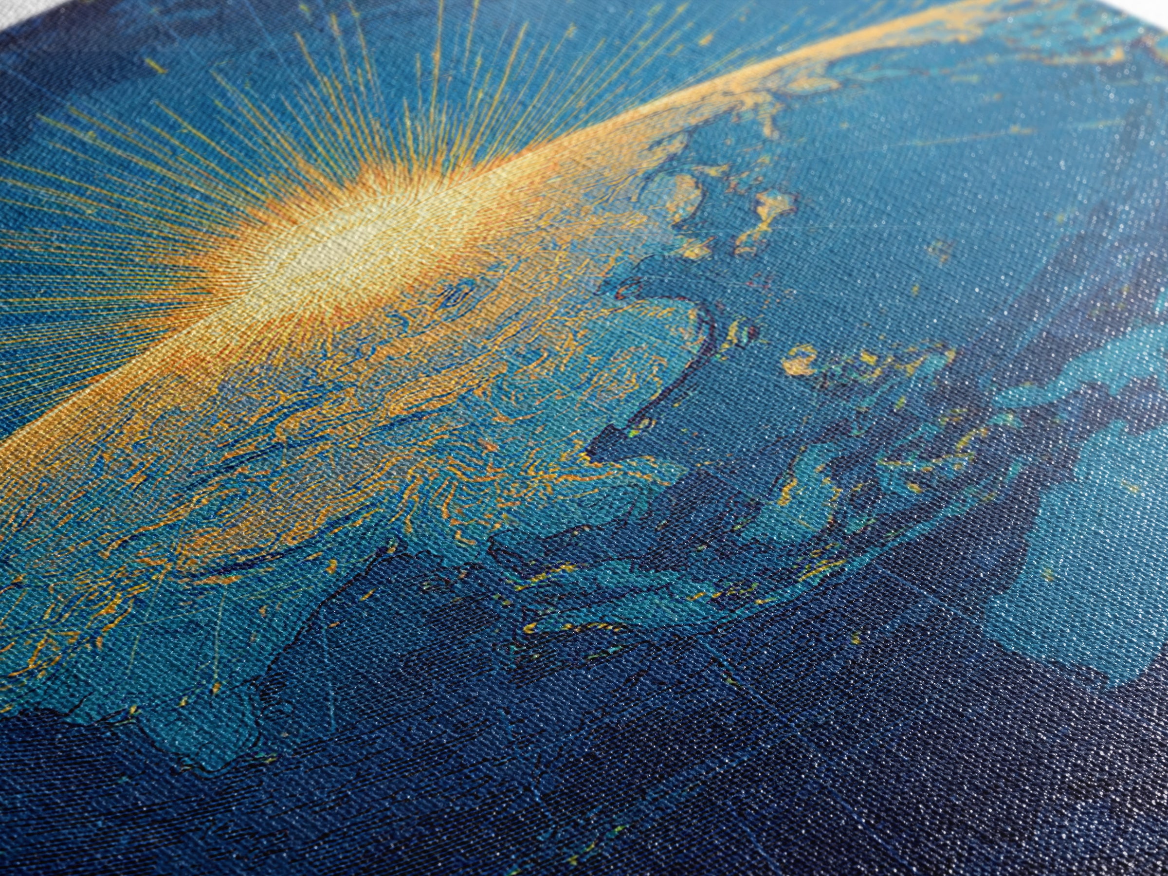 Golden Sunrise Over Earth Canvas Print, Midcentury Modern Map Art, Blue Space Poster, Retro Travel Office Wall Decor Gift
