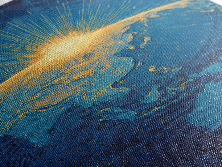 Golden Sunrise Over Earth Canvas Print, Midcentury Modern Map Art, Blue Space Poster, Retro Travel Office Wall Decor Gift