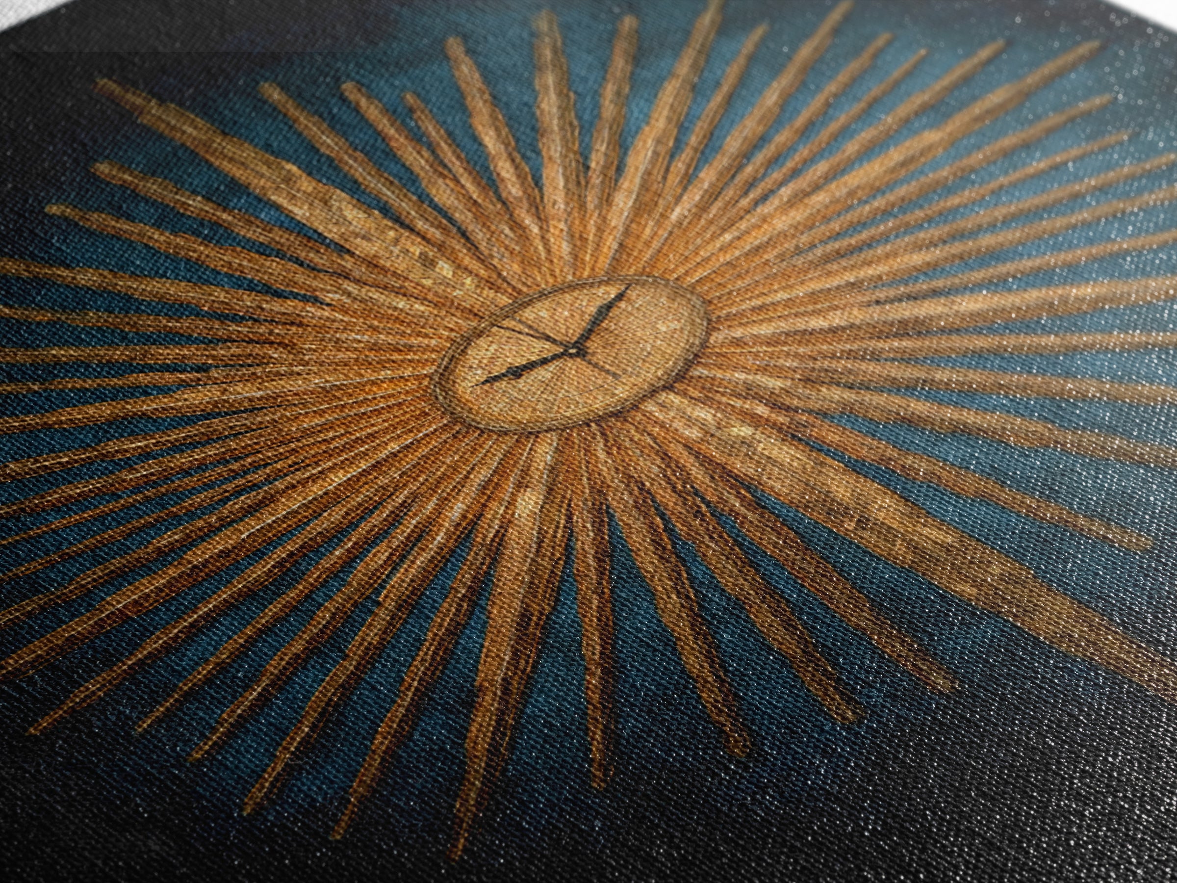 Golden Sunburst Clock On Moody Blue Wall Art, Mid Century Modern Decor, MCM Wall Decor, Atomic Retro Art Print, Home Decor