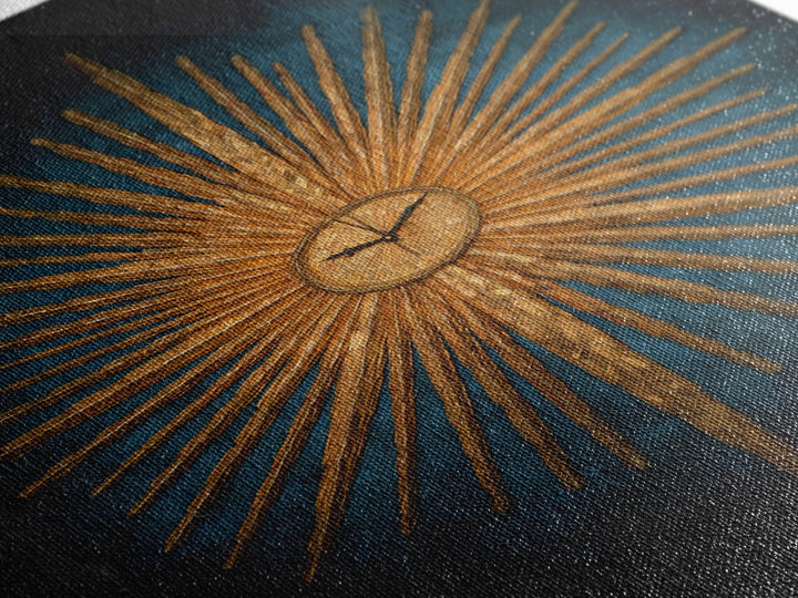 Golden Sunburst Clock On Moody Blue Wall Art, Mid Century Modern Decor, MCM Wall Decor, Atomic Retro Art Print, Home Decor