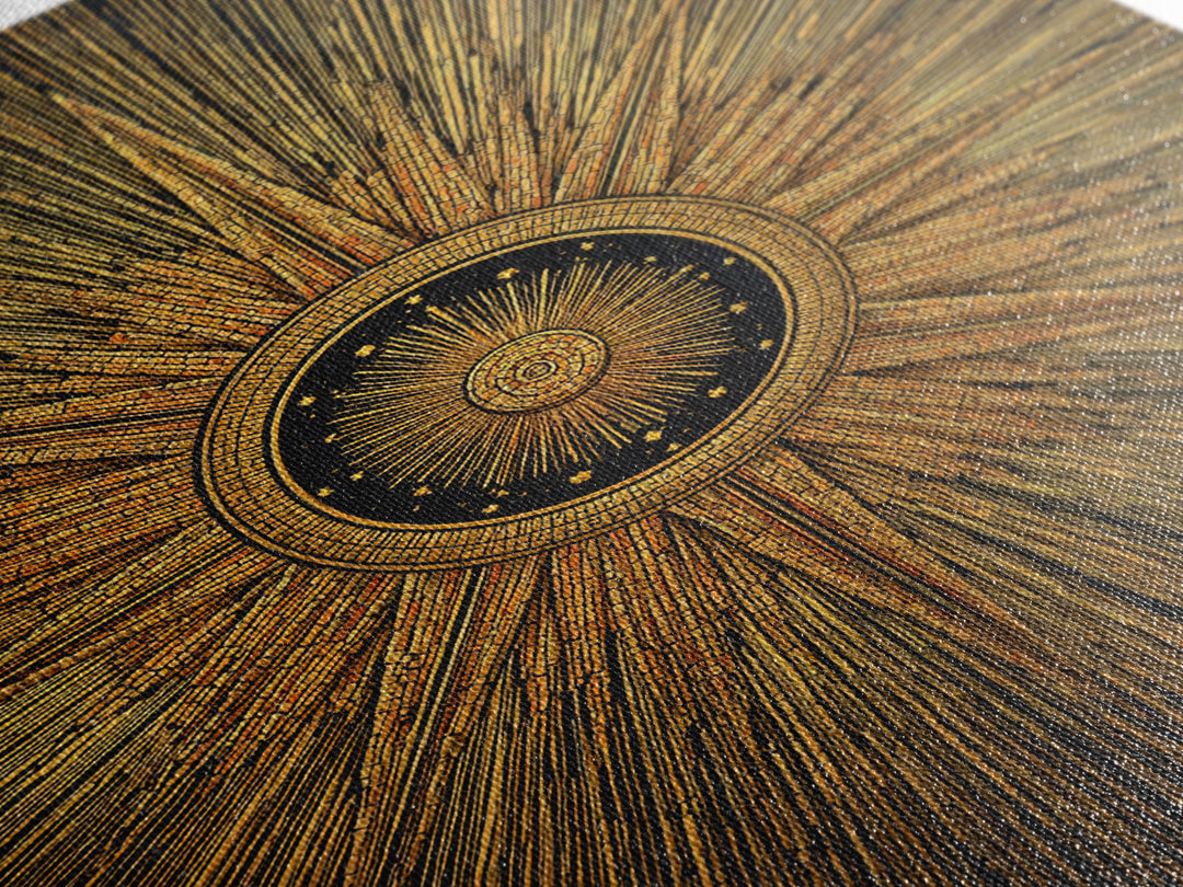 Ornate Gold Sunburst Clock Canvas Print, Midcentury Modern Art, Geometric Art Deco, Atomic Retro Wall Art, Statement Wall Decor