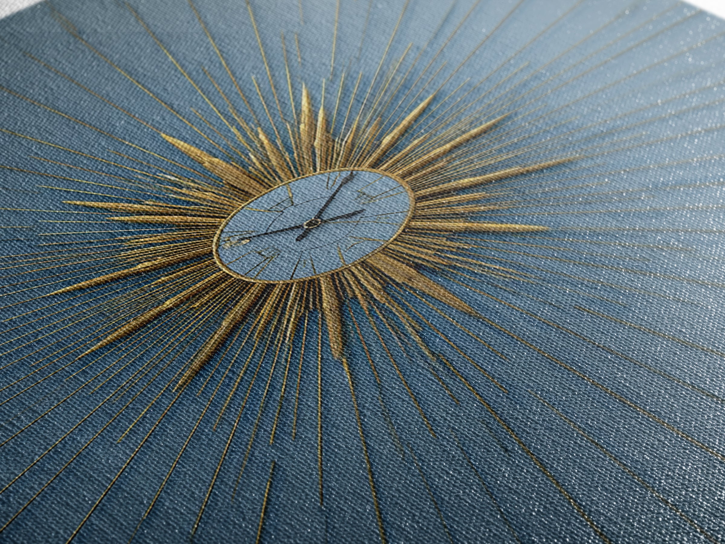 Blue And Gold Starburst Clock Framed Canvas Print, Mid Century Modern Decor, Atomic Wall Art, MCM Artwork, Large Canvas Print