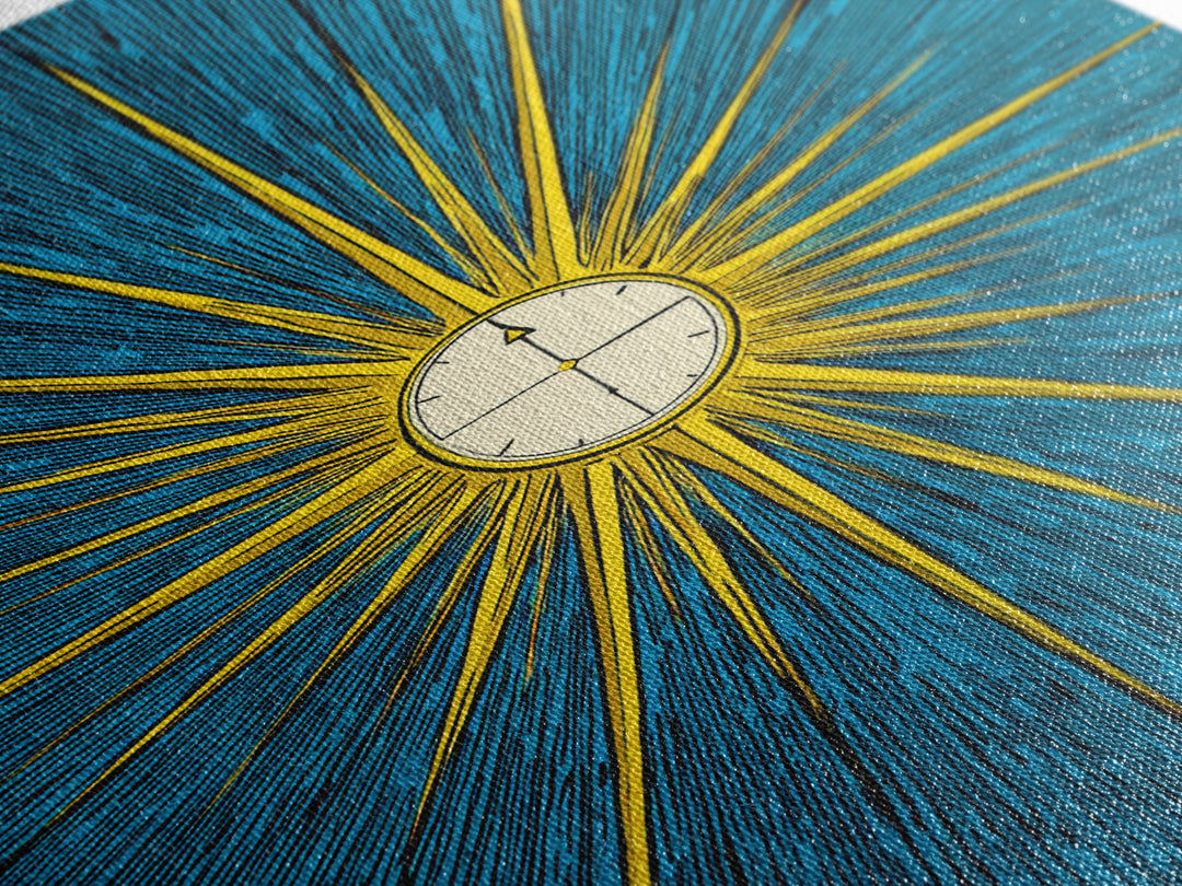Radiant Atomic Clock Sunburst Wall Art, Midcentury Modern Art Print, Retro Sci Fi Poster, Blue Yellow MCM Decor For Office