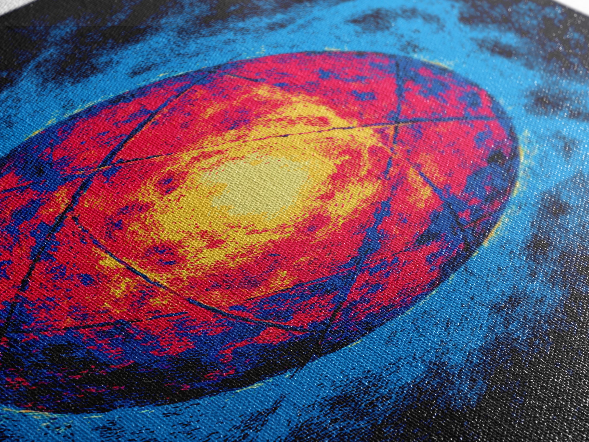 Glowing Quantum Sphere Wall Art, Modern Abstract Art Print, Atomic Retro Poster, Blue Orange Sci Fi Decor For Home Office