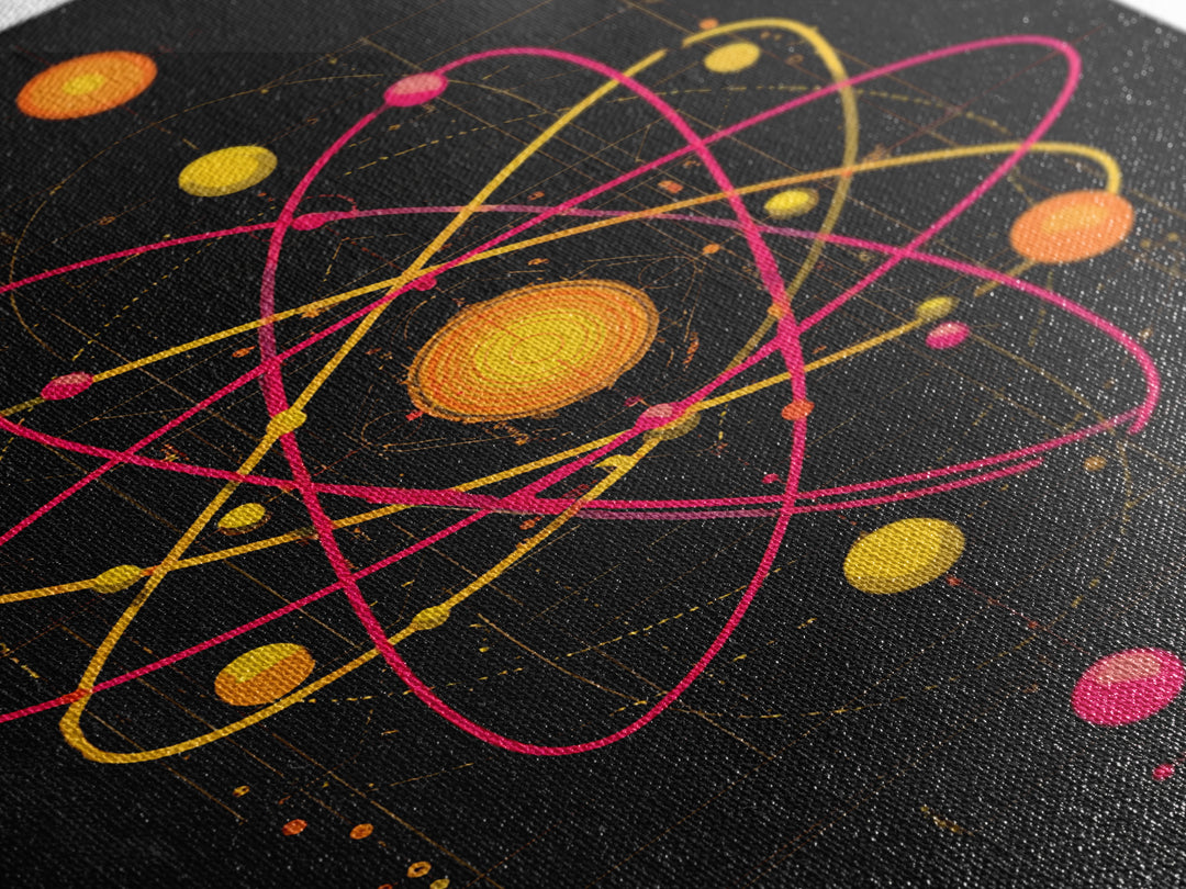 Technical Atom Diagram Canvas Print, Midcentury Modern Art, Retro Science Wall Decor, Black Pink Atomic Poster For Office