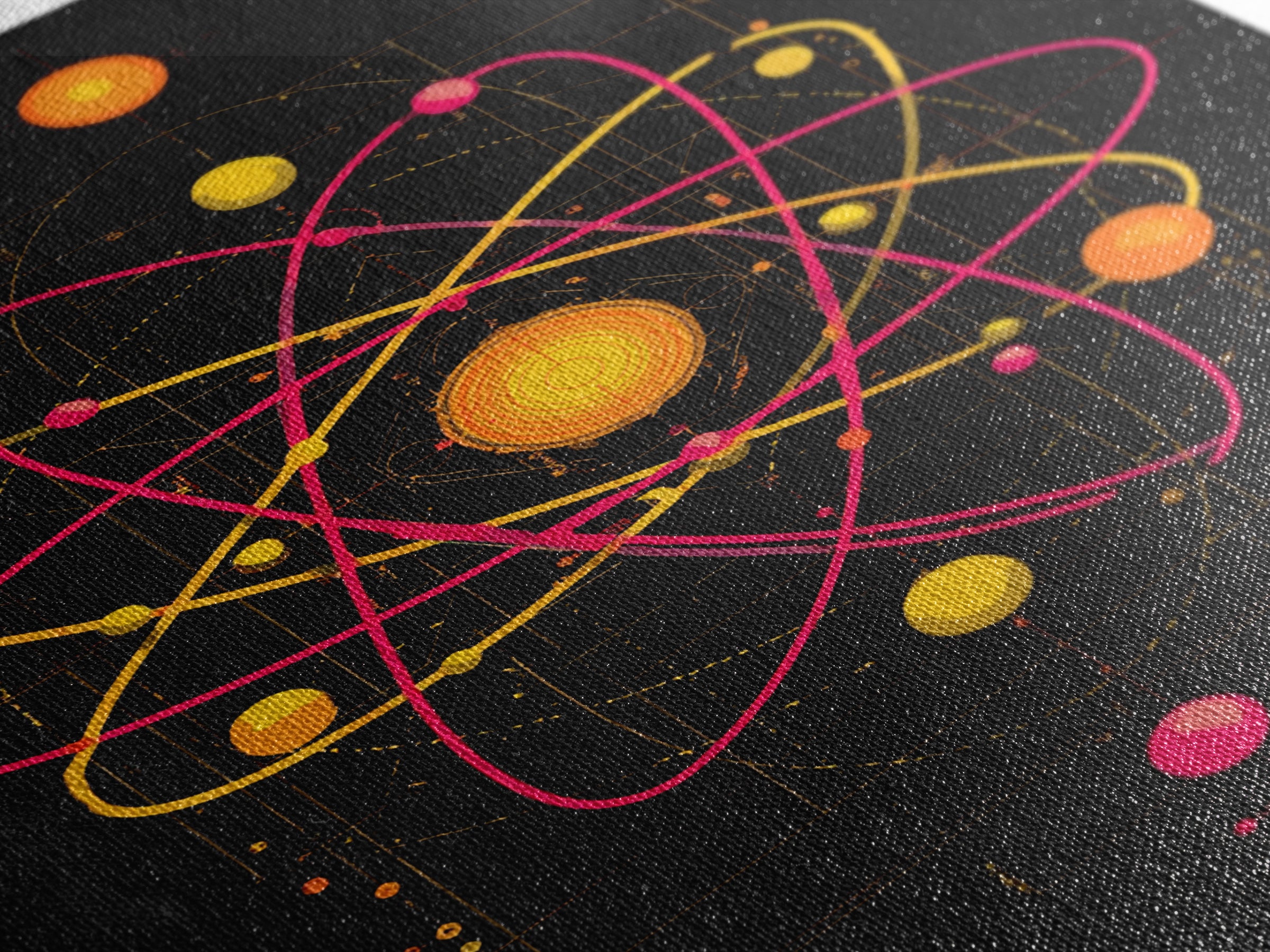 Technical Atom Diagram Canvas Print, Midcentury Modern Art, Retro Science Wall Decor, Black Pink Atomic Poster For Office