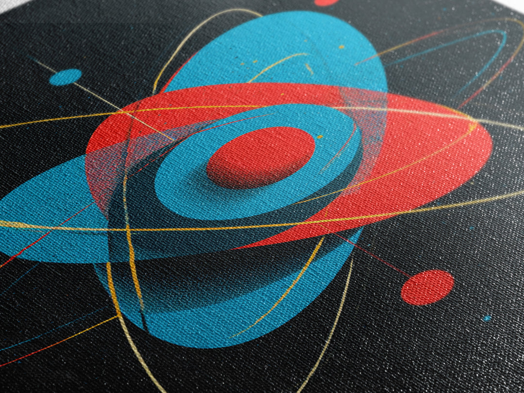 Modern Red Blue Atom Canvas Print, Midcentury Modern Art, Atomic Retro Wall Decor, Space Abstract Poster For Living Room