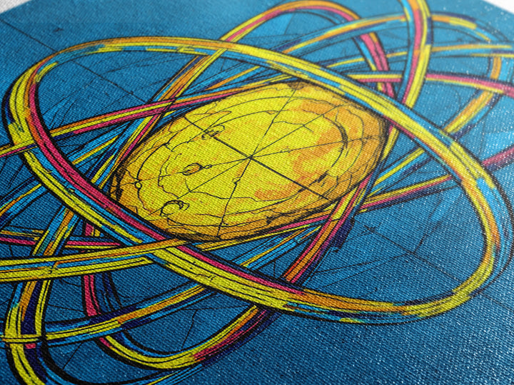 Electric Blue Atom Framed Canvas Print, Midcentury Modern Wall Art, Retro Science Poster, Yellow Orb Decor For Home Office
