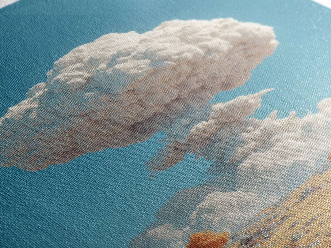 White Mushroom Cloud In Desert Landscape Framed Canvas Print, Surreal Atomic Art, Modern Wall Decor, Blue Sky Poster Print