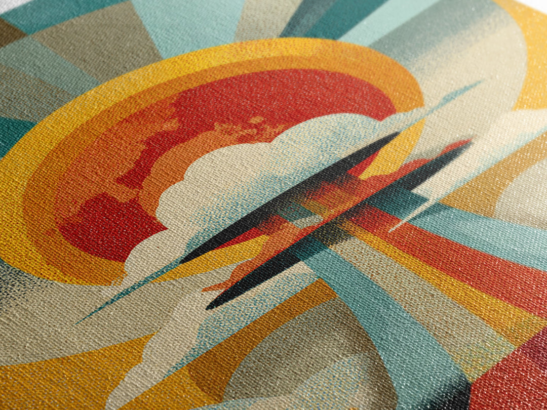 Retro Sunburst UFO Cloud Tower Canvas Print, Atomic Midcentury Modern Wall Art, Space Age Poster, Bold Geometric Decor Print