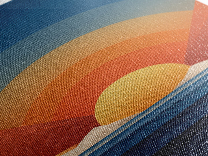 Geometric Desert Sunrise With Red Mountains Framed Canvas Print, Midcentury Modern Wall Art, Orange Blue Abstract Decor Poster