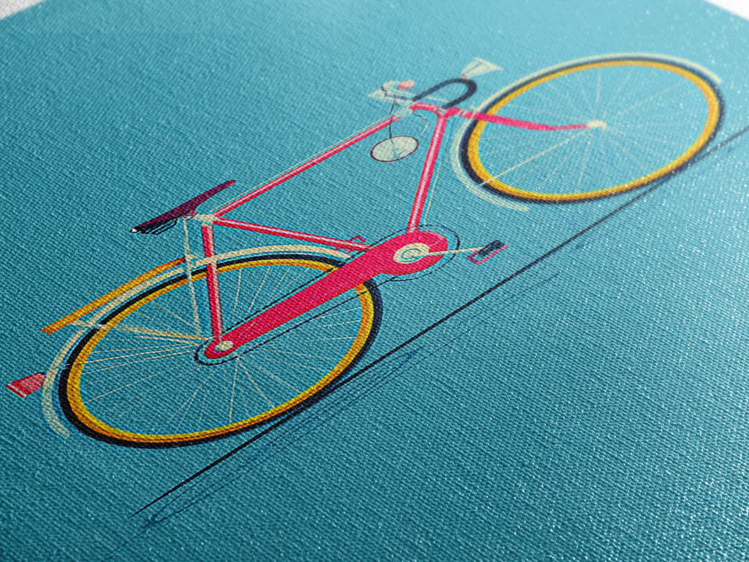 Colorful Pink Bicycle On Teal Canvas Print, Mid Century Modern Art, Retro Cycling Poster, Dopamine Decor, Kids Room Art Gift
