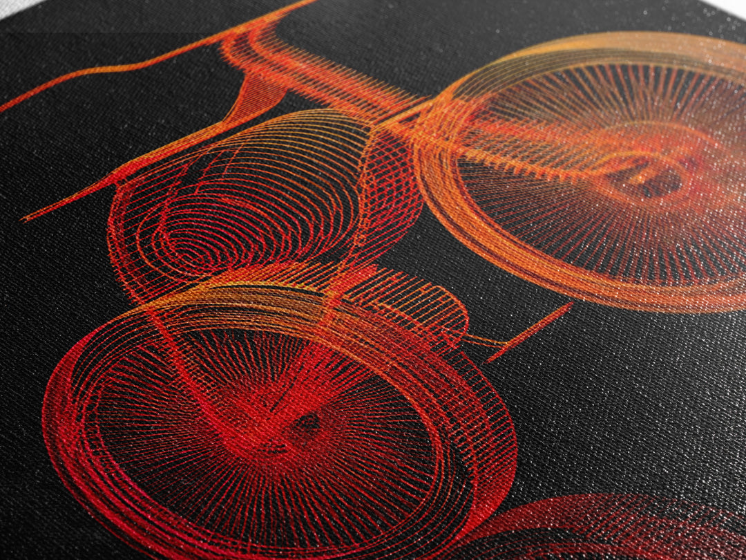 Neon Orange Tricycle Line Art Canvas Print, Black Background Retro Poster, Modern Digital Art, Atomic Decor, Kids Room Art